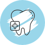 icono diente y cuadrado con cruz, con fondo azul